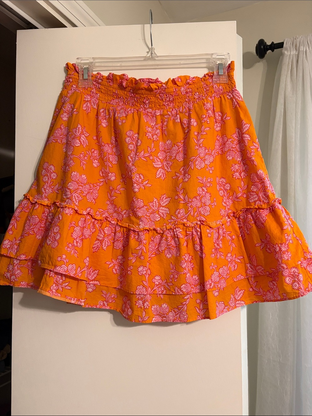 J. Crew Orange Mini Skirt with Pink Floral Print